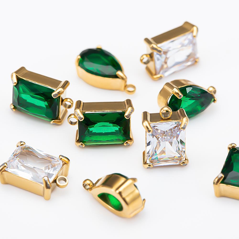 10pcs 5pcs Gold Color Stainless Steel Zircon Pendants Green Transparent Crystal Charms Beads for Necklace Jewelry Making DIY