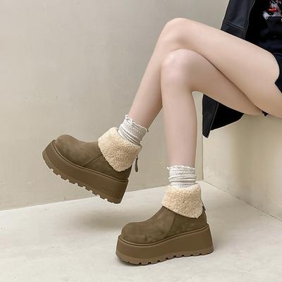 Mode Retro Vielseitige Spleißung Dicksohlige Erhöhende Kurze Stiefel Damen 2025 Herbst und Winter Neu Süßer Wind Runde Zehenstiefel