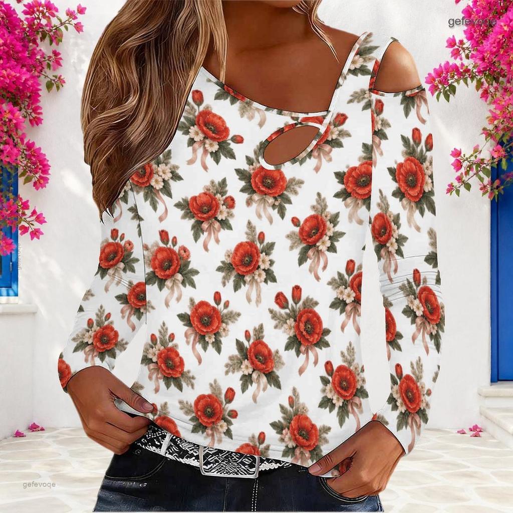 Women Plus Size White Floral Printed Asymmetric Cutout Neck Cold Shoulder Long Sleeve Fitted Top