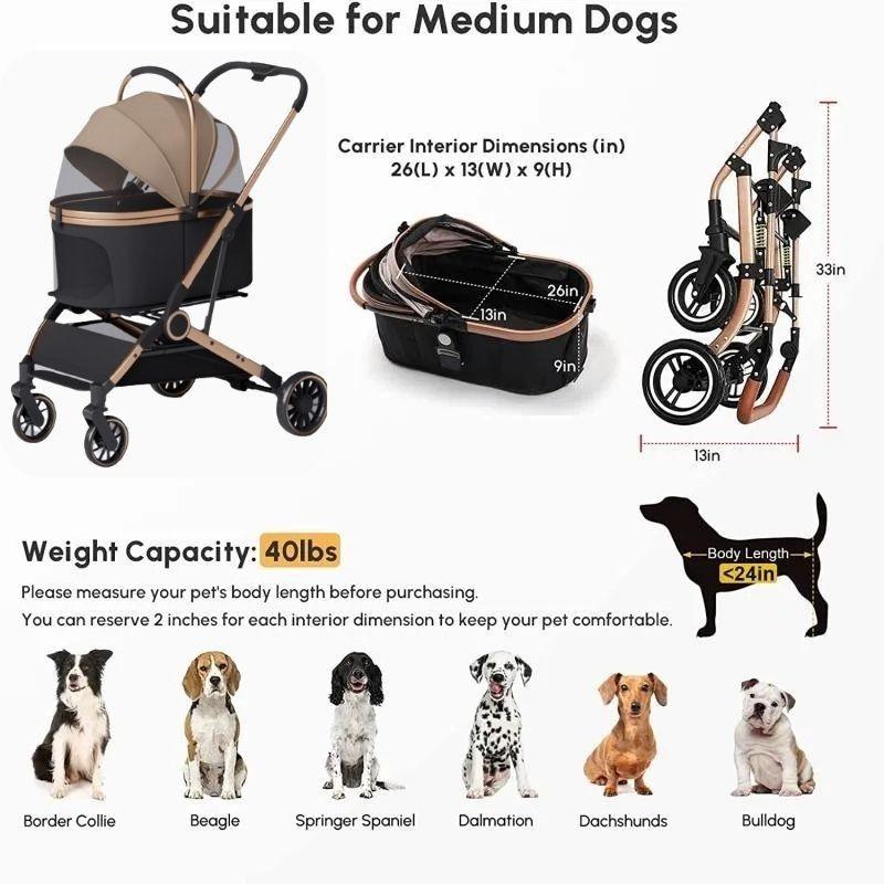 3 in 1 Foldable Pet Stroller Outdoor 4 Wheels Lightweight Trolley Household Washable Dog Cat Carrier