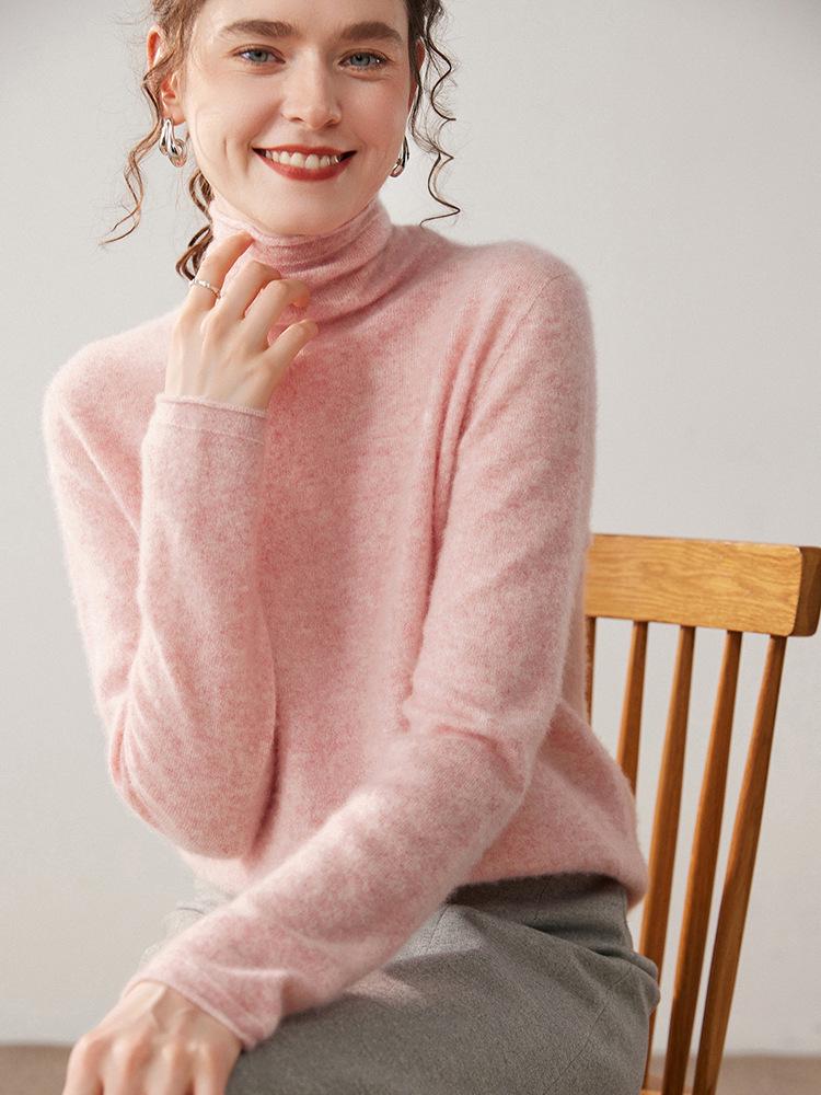 Women's Solid Color Cashmere Knit Sweater with Stacked Collar