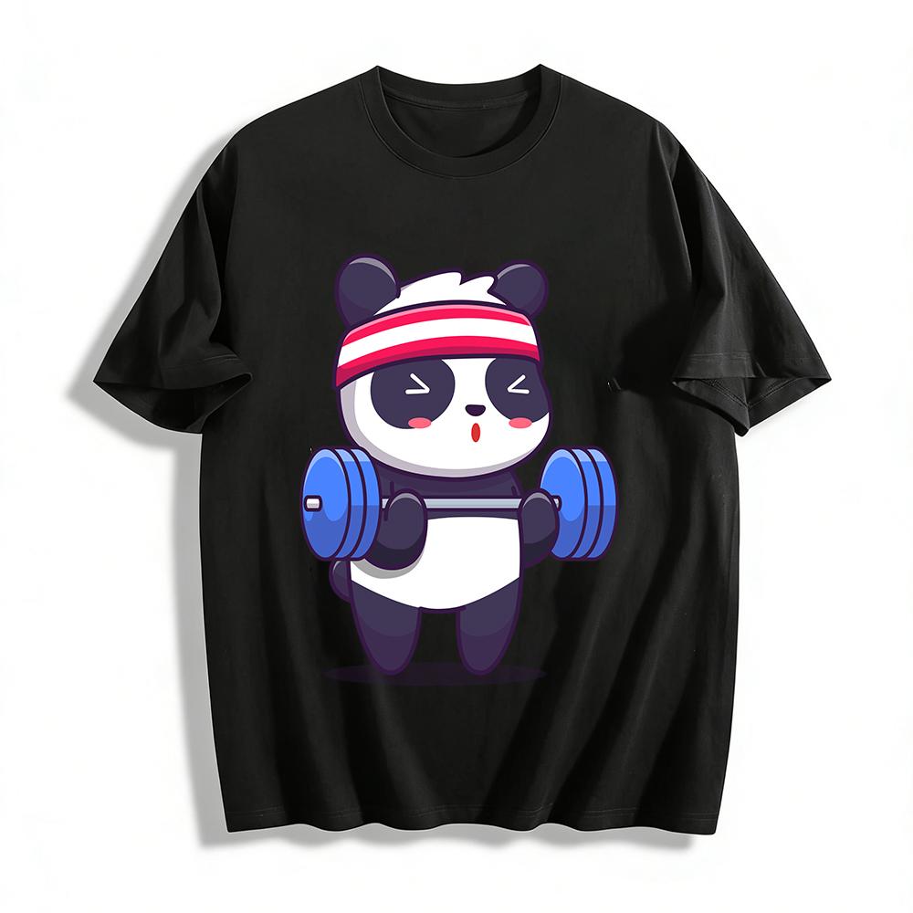 Funny Panda Lifting Weights Graphic Tee Unisex Casual Sports Top Pure cotton T-shirt XXS