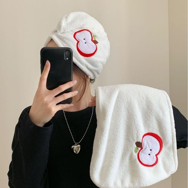Embroidered Apple Dog Coral Fleece Dry Hair Cap Soft Absorbent Bathing Headscarf Quick Dry Hair Towel
