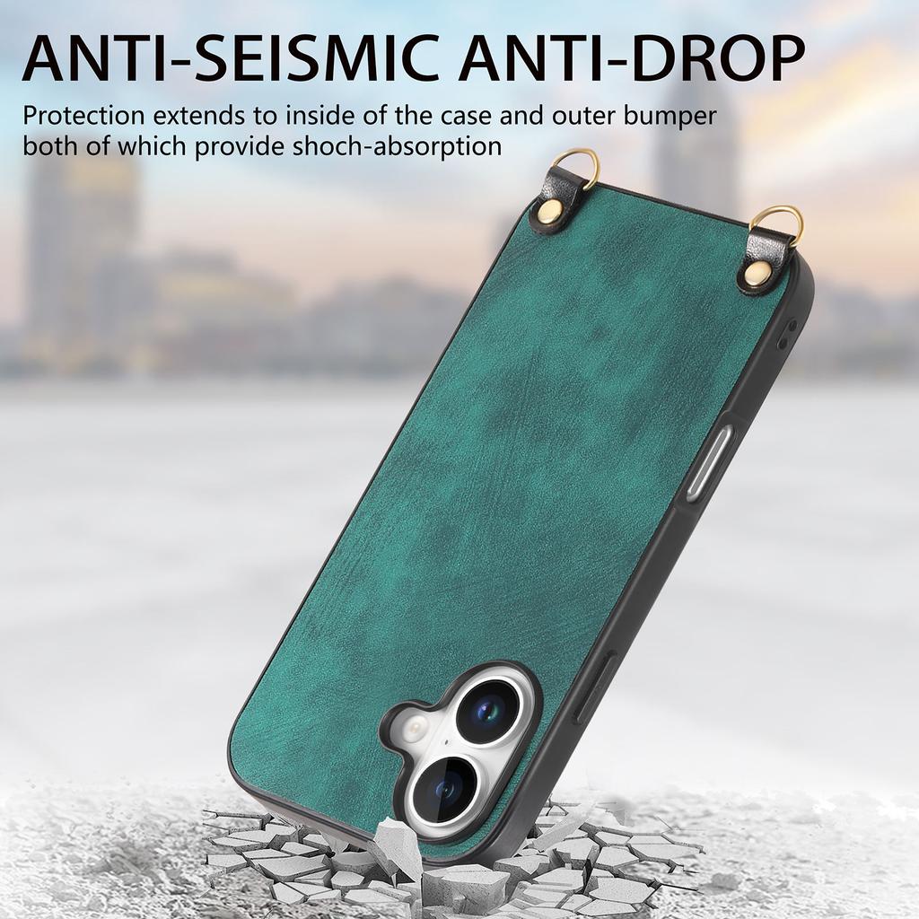 For iPhone 16 Plus Case Retro Texture Leather Coated PC+TPU Phone Cover with Hanging Rope