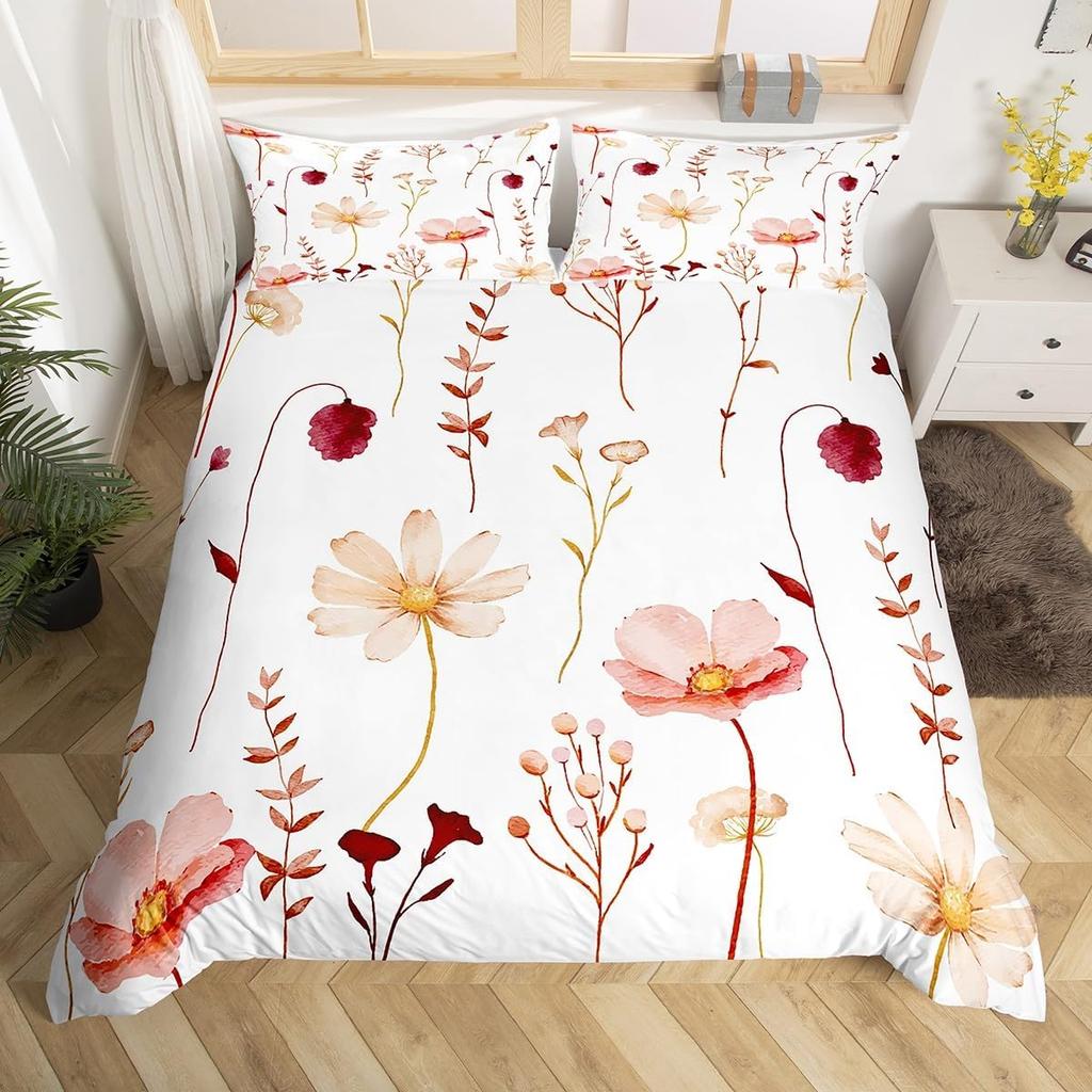 Watercolor Floral Down Duvet Cover Set Queen King Size Simple Pastoral Style Bedding Suitable for Kids Teens Adult Women 3 PCS