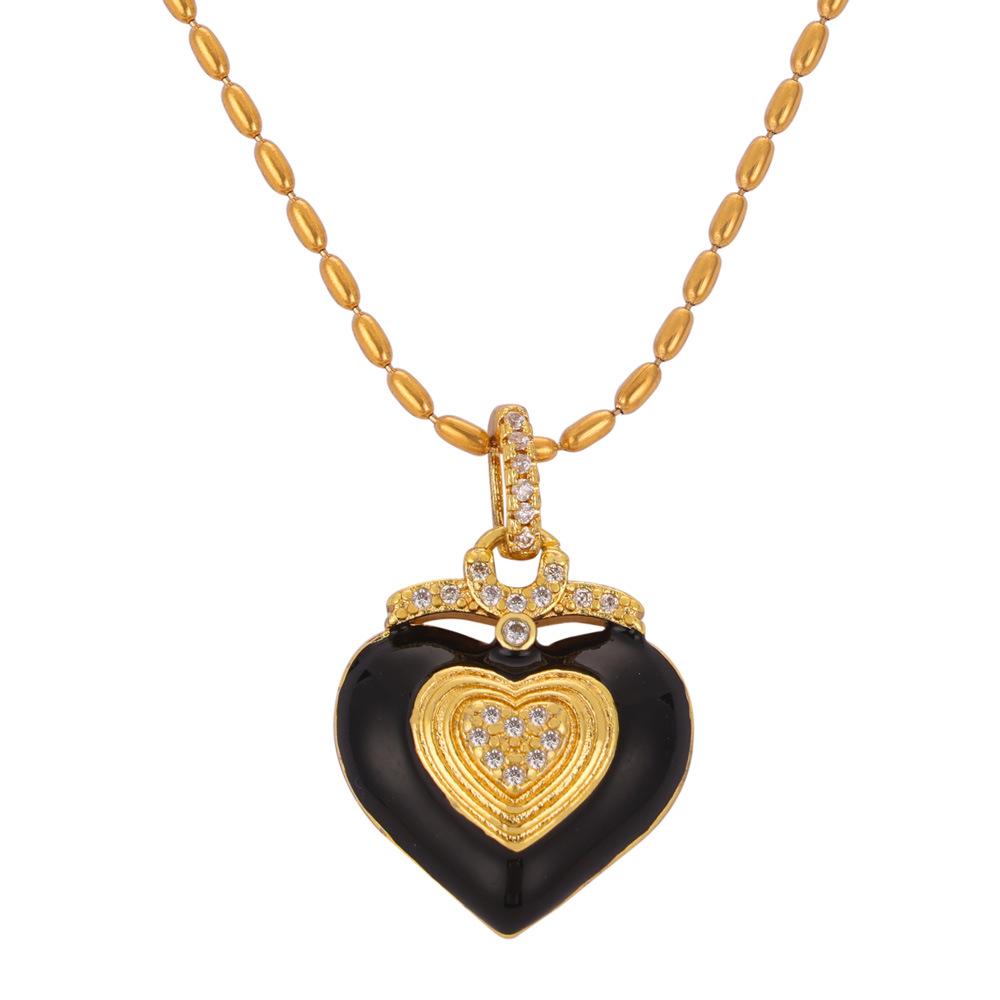 Heart-Shaped Enamel Pendant Necklace with Diamond Inlay, Rice Bead Chain, Titanium Steel, Gold Clavicle Chain, Women's Simple Fashion.