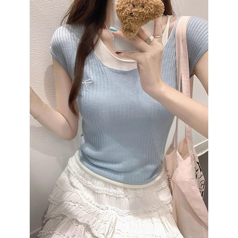Bow Embroidered Short-sleeved T-shirt Women's Summer New Slim-fitting and Thin Color Matching Vest Crew Neck Chic Top