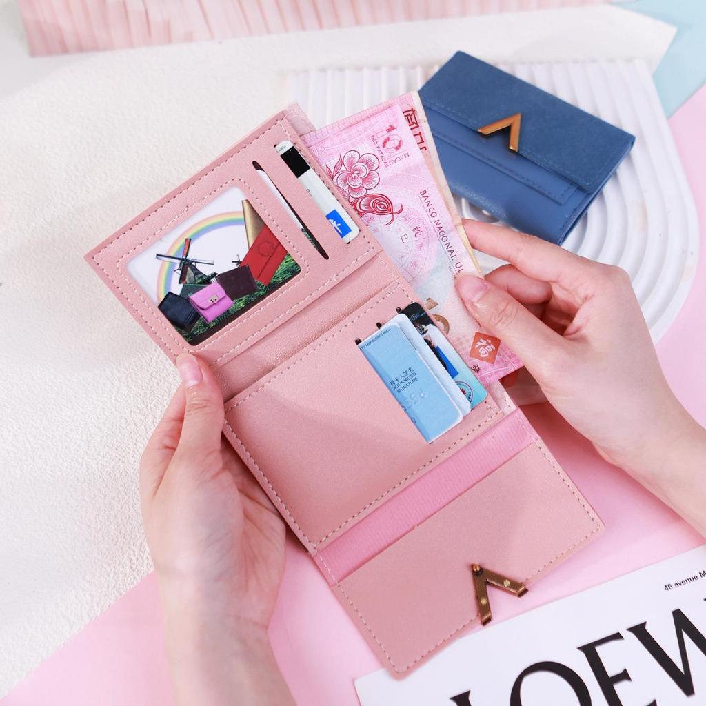 Korean Style Women's Short Matte PU Leather Wallet - Three-Fold, Retro, Thin Card Holder, Ideal for Students.