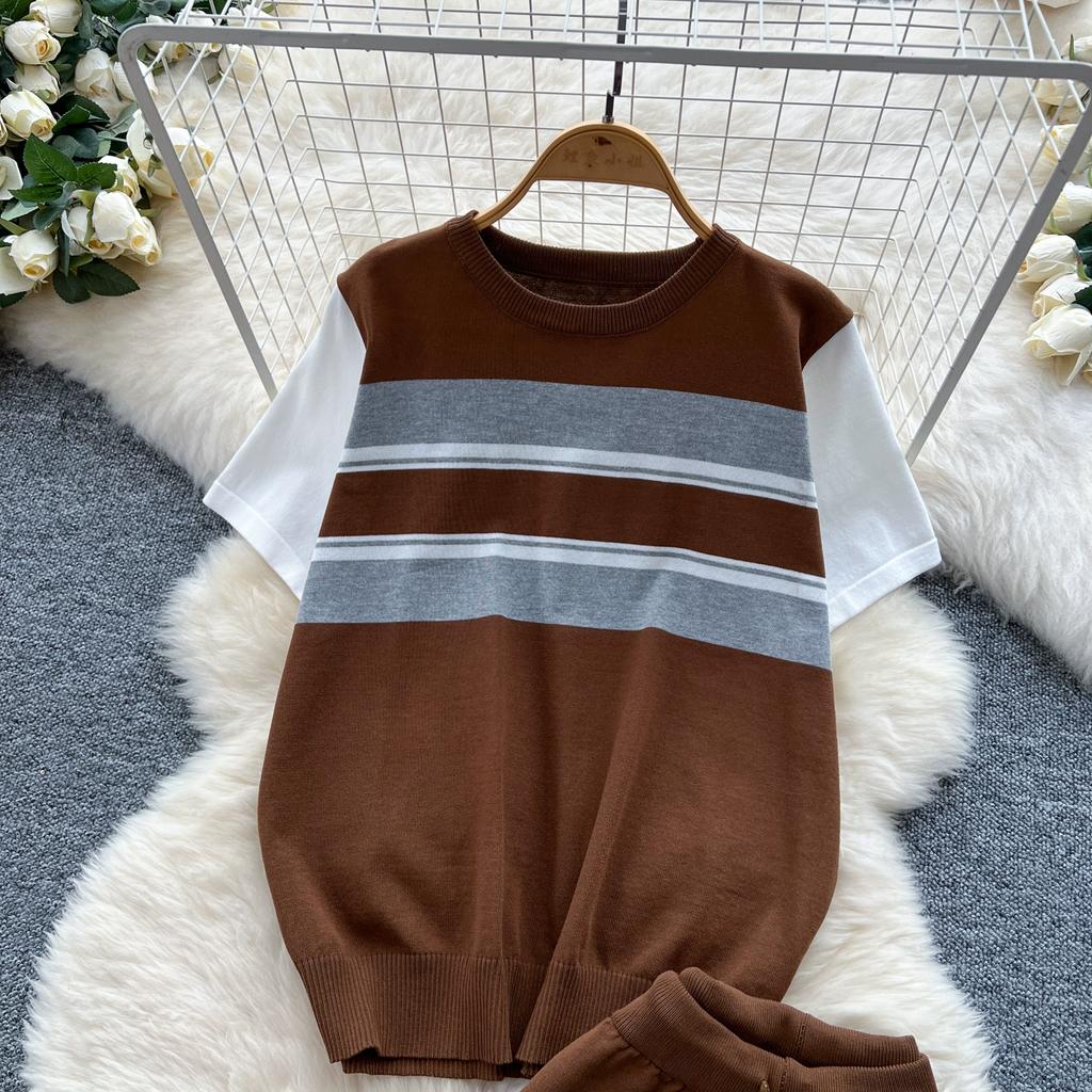 Sommer Damen Strickpullover Hose Zweiteiliges Bekleidungsset Kurzarm Rundhals Gestreifter Pullover Tops und Weitbeinige Hosenanzug