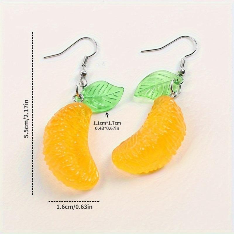 Orange-inspired Drop Earrings - Citrus Fruit with Green Leaf, Glossy Resin Y2K Jewelry, Sweet Summer Gift for Women