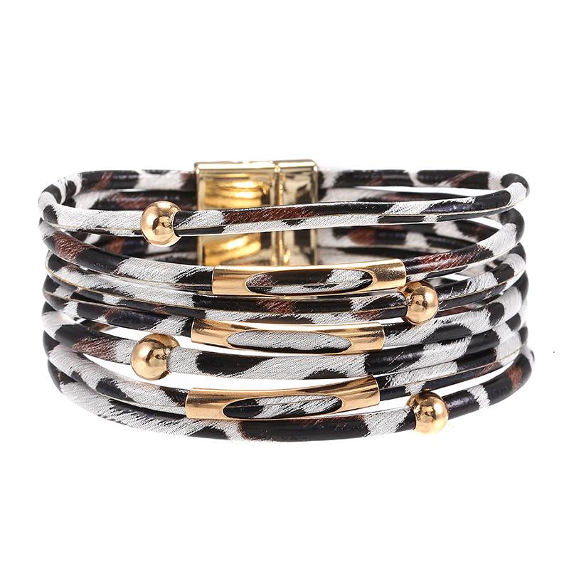 Leopard Print Magnetic Buckle Leather Bracelet: Alloy Beaded Cord with Copper Tube