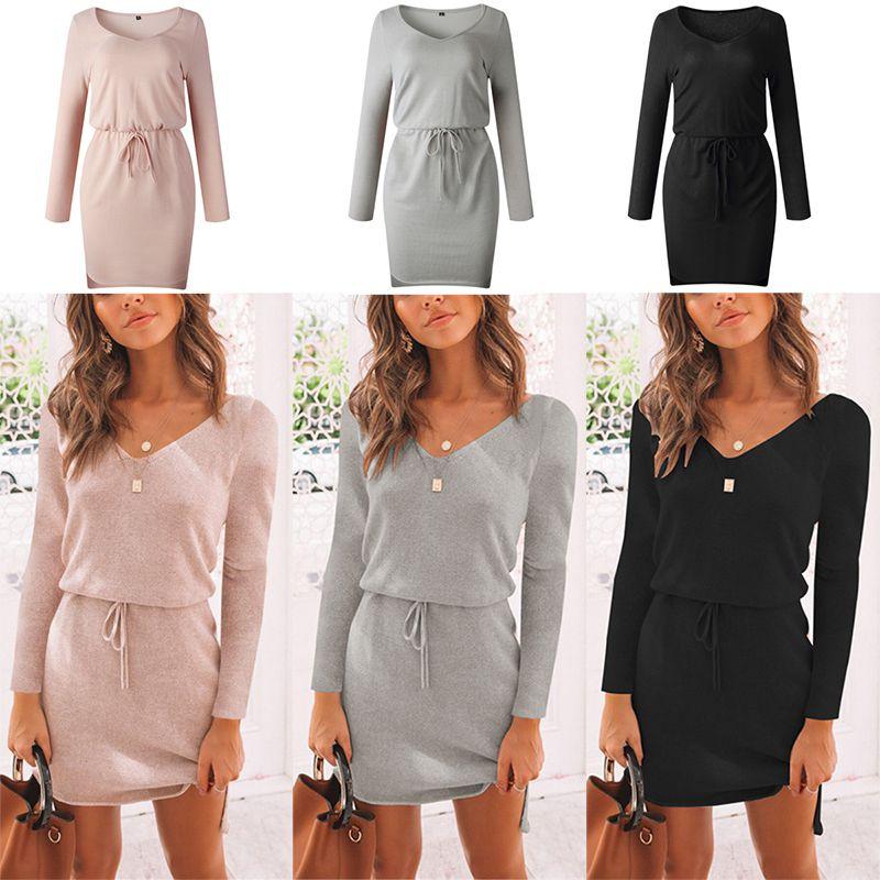 Cozy Deep V-neck Womens Knitted Jumper Sweater Dress For Autumn And Winter