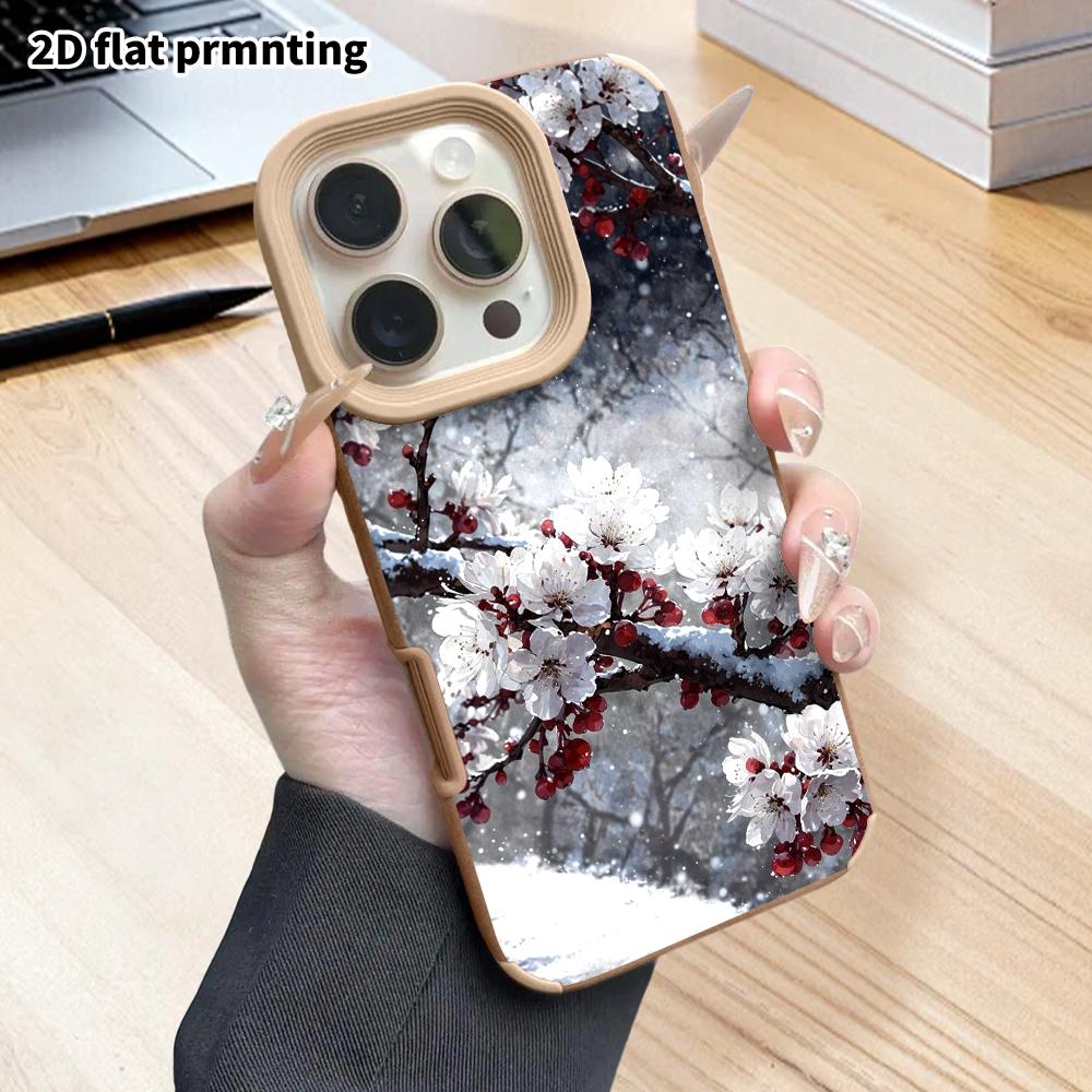 Phone Case: 2D Flat Lambskin Suitable for iPhone 18, 17, 16, 15, 14, 13 Pro Film Protective Case, Snow and Cold Plum, Christmas and Halloween Gift