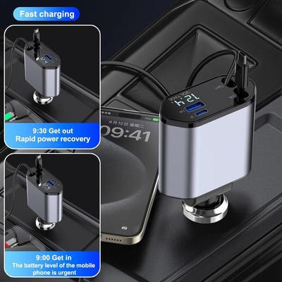 Ανασυρόμενος Φορτιστής Αυτοκινήτου 120W 4 σε 1 Αυτοκινήτου Για IPhone Καλώδιο USB Type C Γρήγορο Καλώδιο Προσαρμογέας Αναπτήρα Αυτοκινήτου