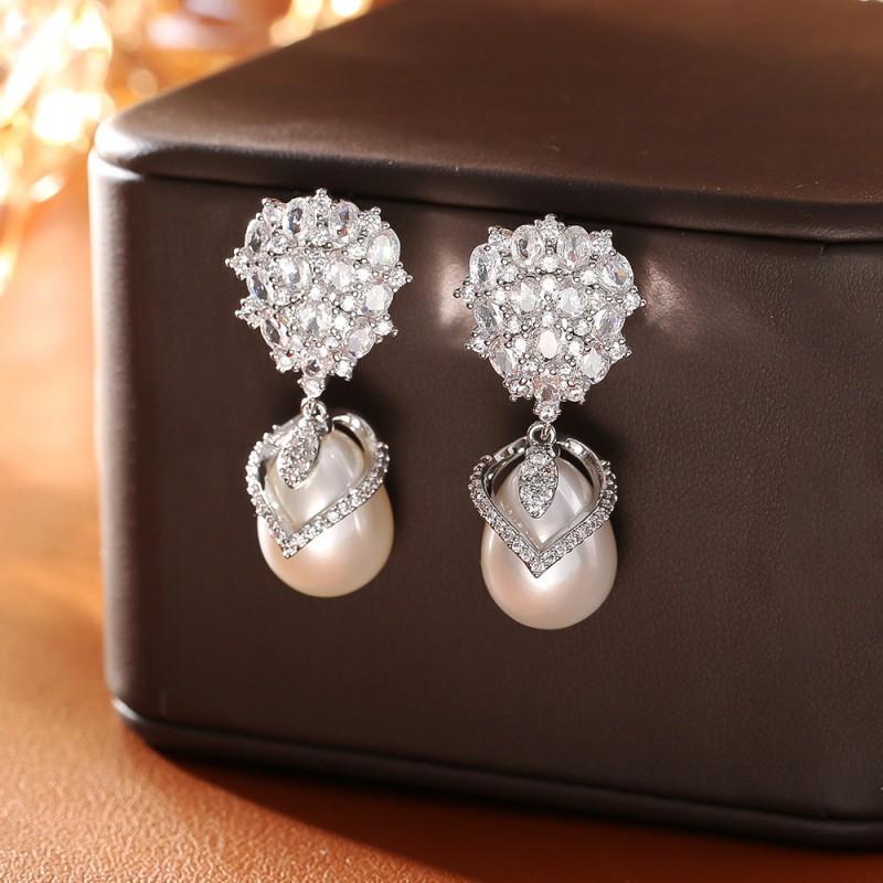Elegant Zircon Drop Pearl Earrings Women French Vintage Style Sterling Post Gold Plated Geometric Design