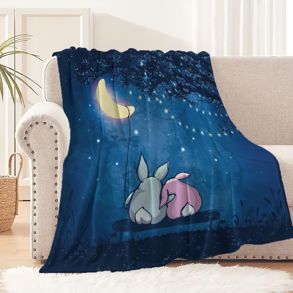 Custom Rabbit Moon Blanket Night Sky Stars Design Personalized Name Fleece Throw All Season Soft Warm Bedding Home Decor Gift