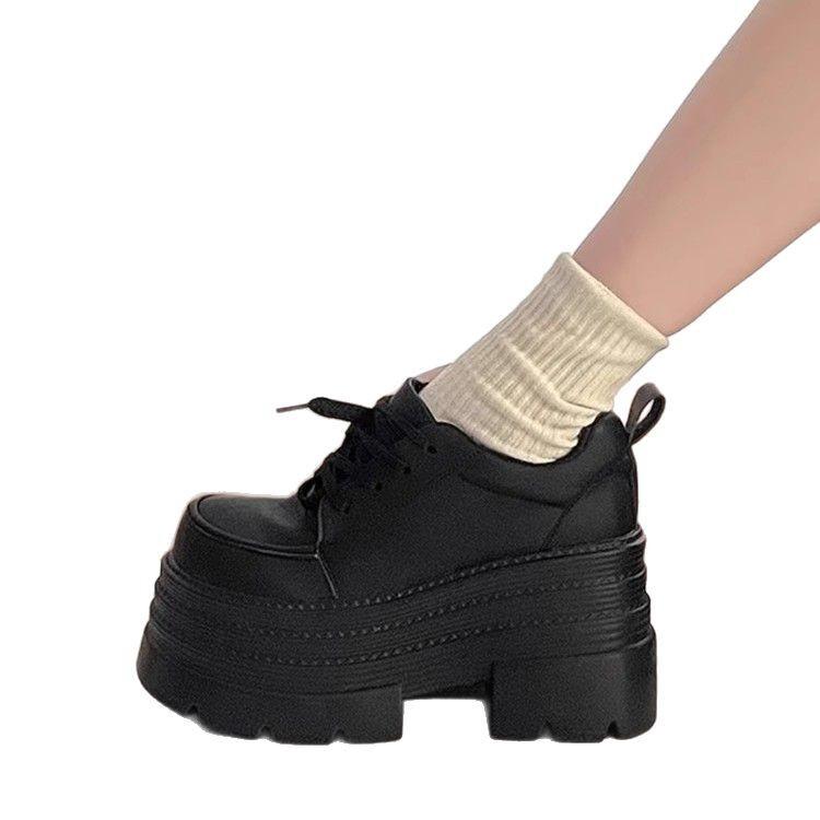 2025 spring new small thick-soled heightening small leather shoes women's lace-up versatile British style muffin loafer single shoes