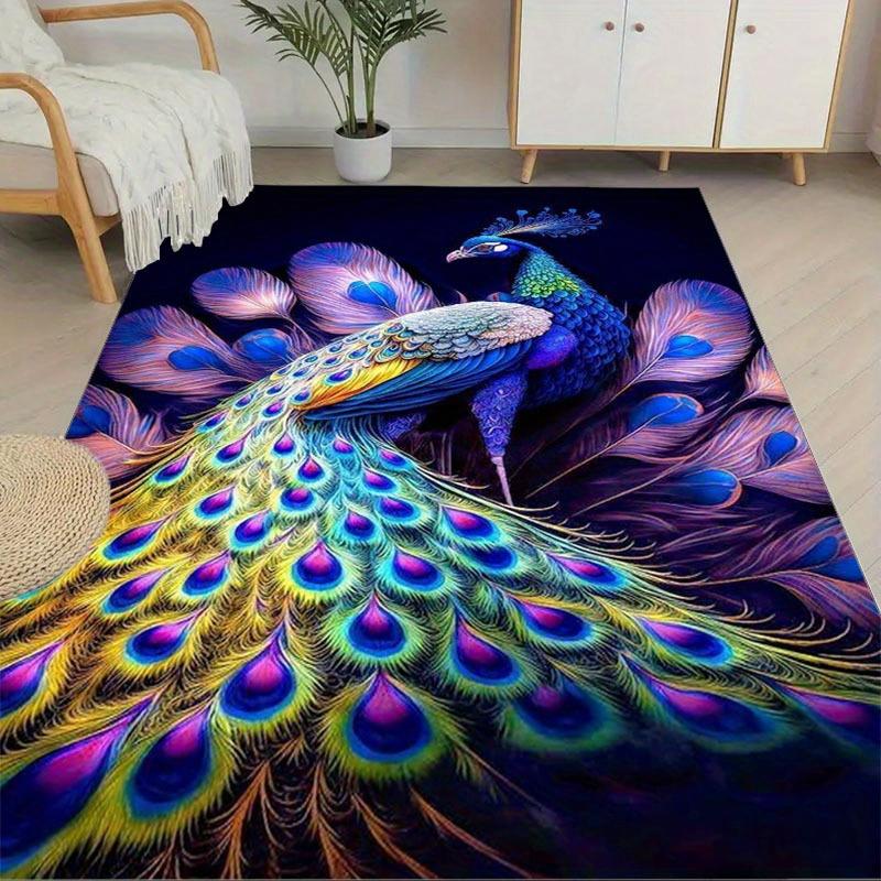 1pc Luxurious Crystal Velvet Peacock Area Rug -  Polyester, Heavy-Duty, Non-Slip Carpet Chair Mat for Office, Kitchen, Livin