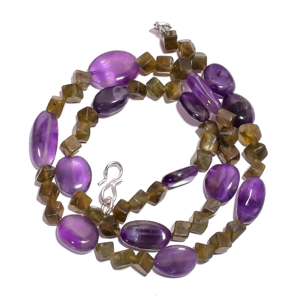 Natural Amethyst Labradorite Gemstone Smooth Beads Necklace 17" UB-4993 UB-4993