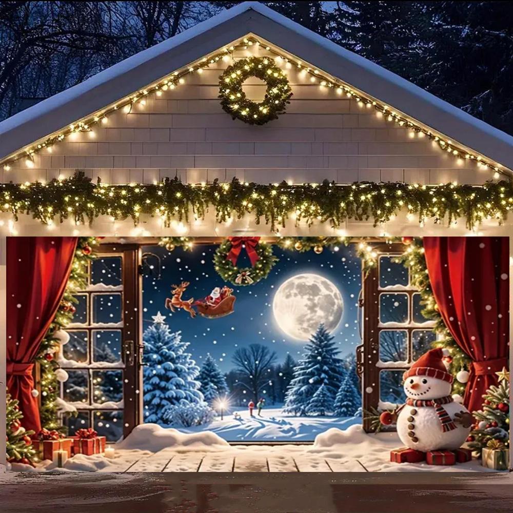 Merry Christmas Garage Door Background Banner Xmas Tree Gift Santa Claus Backdrop Winter Christmas Party Outdoor Wall Decoration