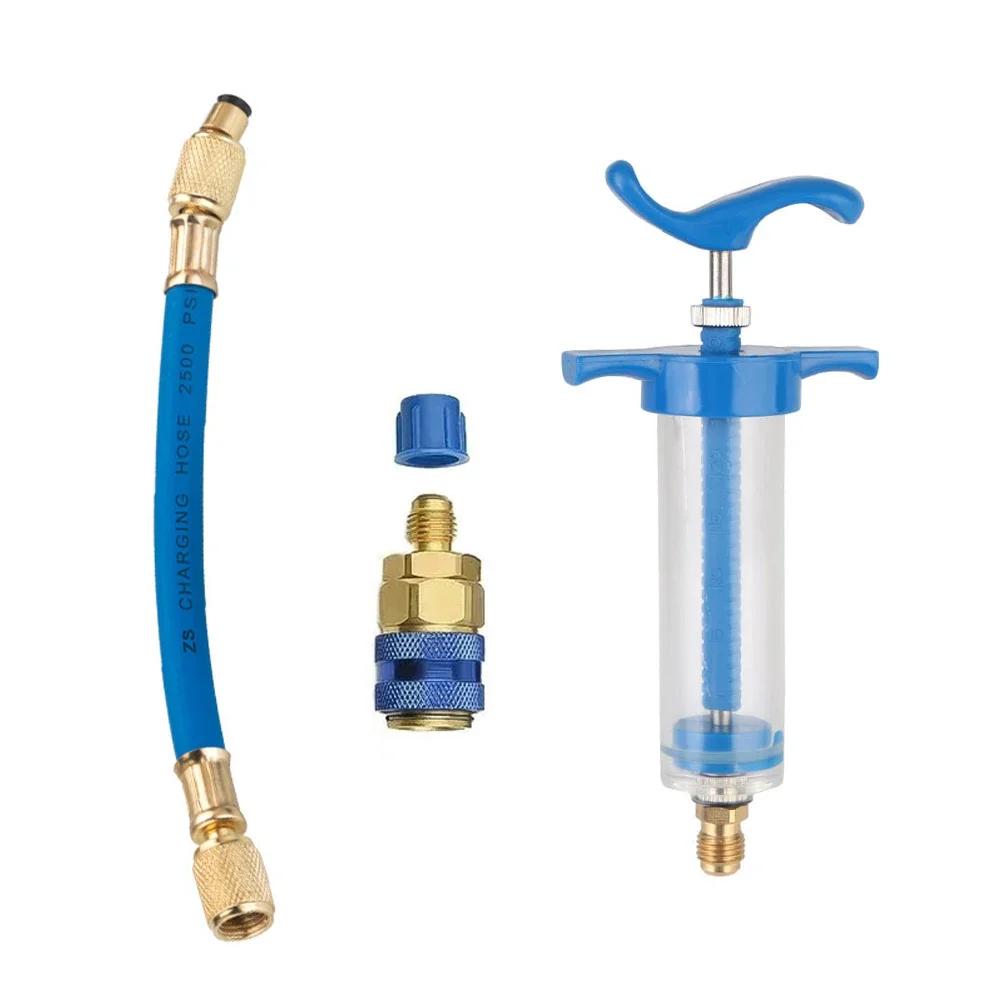 Car 30Ml 1Oz A/C Oil/Dye Injector with Low Side Quick Coupler Adapter 1/4 Air Conditioning Automotive Oiler Injection Syringe
