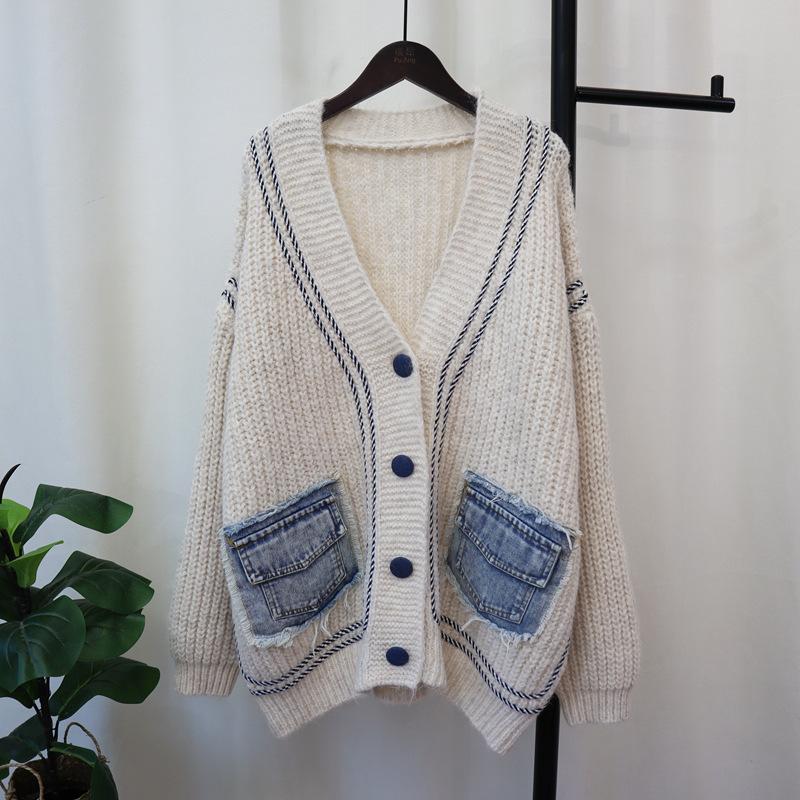 

Вязаный кардиган с джинсовым карманом, осень-зима, новый свободный ленивый стиль, темпераментная куртка-свитер женская one size fits all