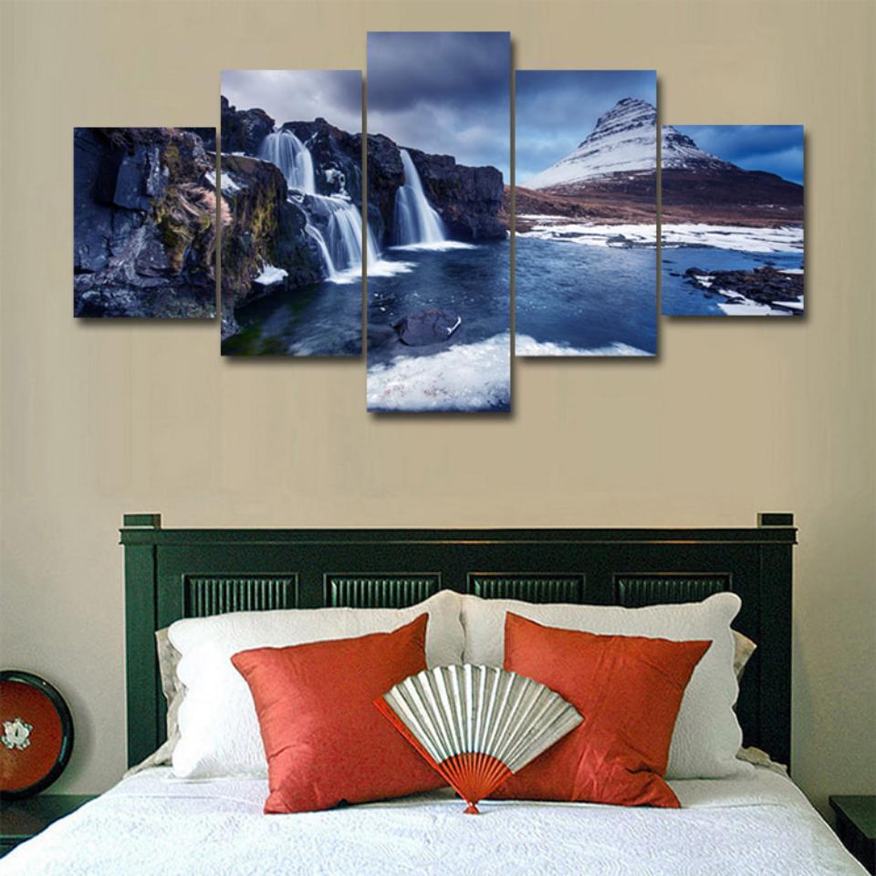 5 Pieces Snow Mountain Waterfall Scenery Posters Modular Canvas HD Prints Paintings Wall Art Pictures Home Decor No Framed