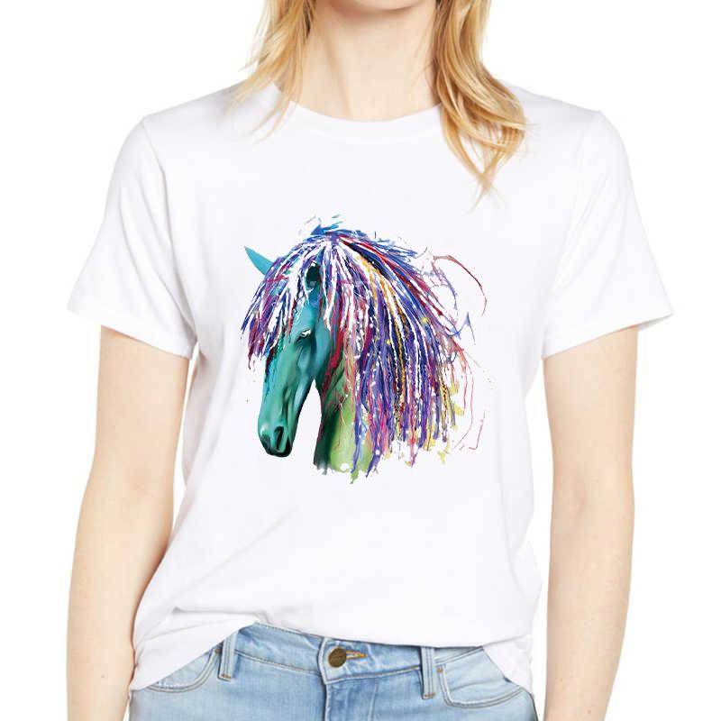 Colorful Horse Print Women T-Shirt Funny Short Sleeve Cute Print Casual Womens Tee Tshirt 90S Clothes Graphic Ladies T-Shirt