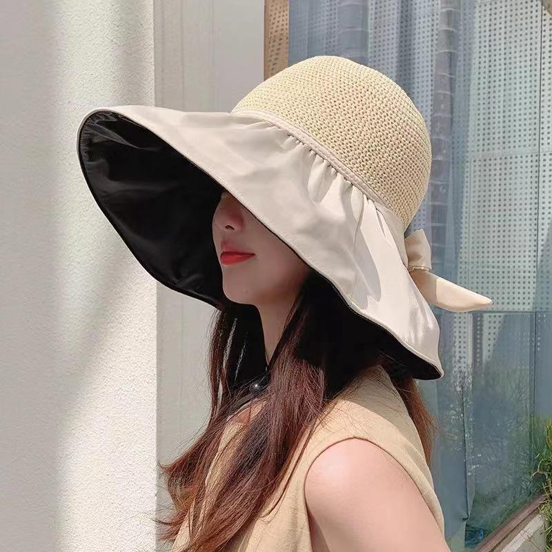 Women's Large Brim Black Sun Hat - UV Protection Summer Beach Fisherman Hat