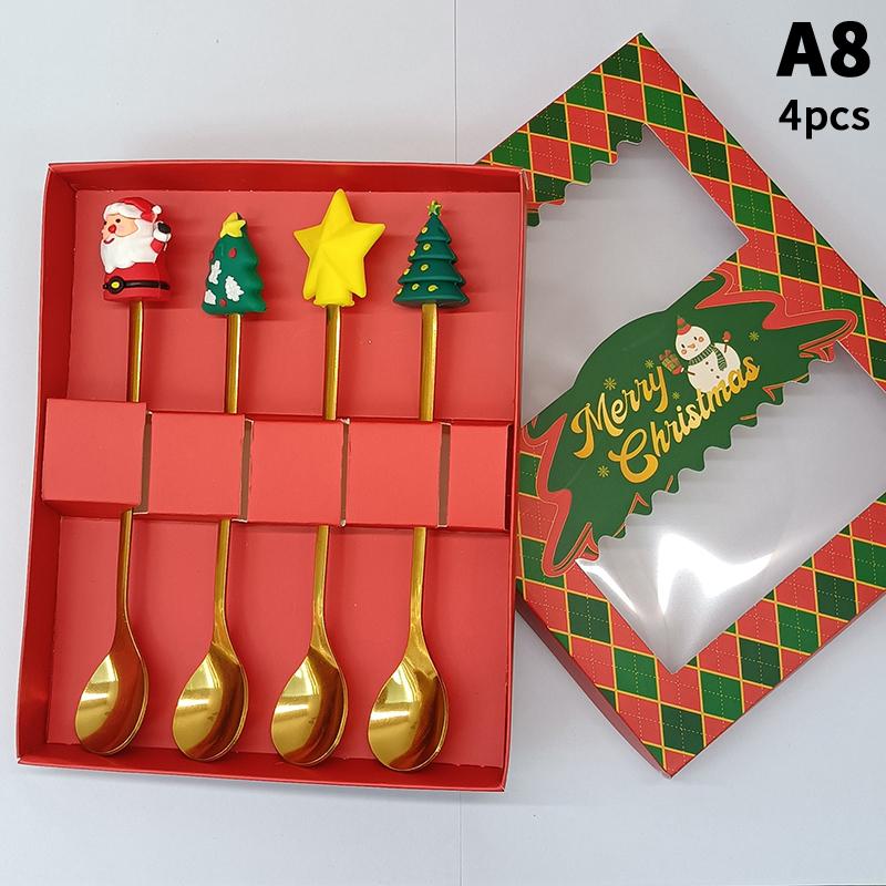 1/2/4/6 Stück Edelstahl Löffel Weihnachts Dessertlöffel Kuchengabel Cartoon Weihnachtsbaum Elch Löffel Gabel Weihnachtsgeschenkbox