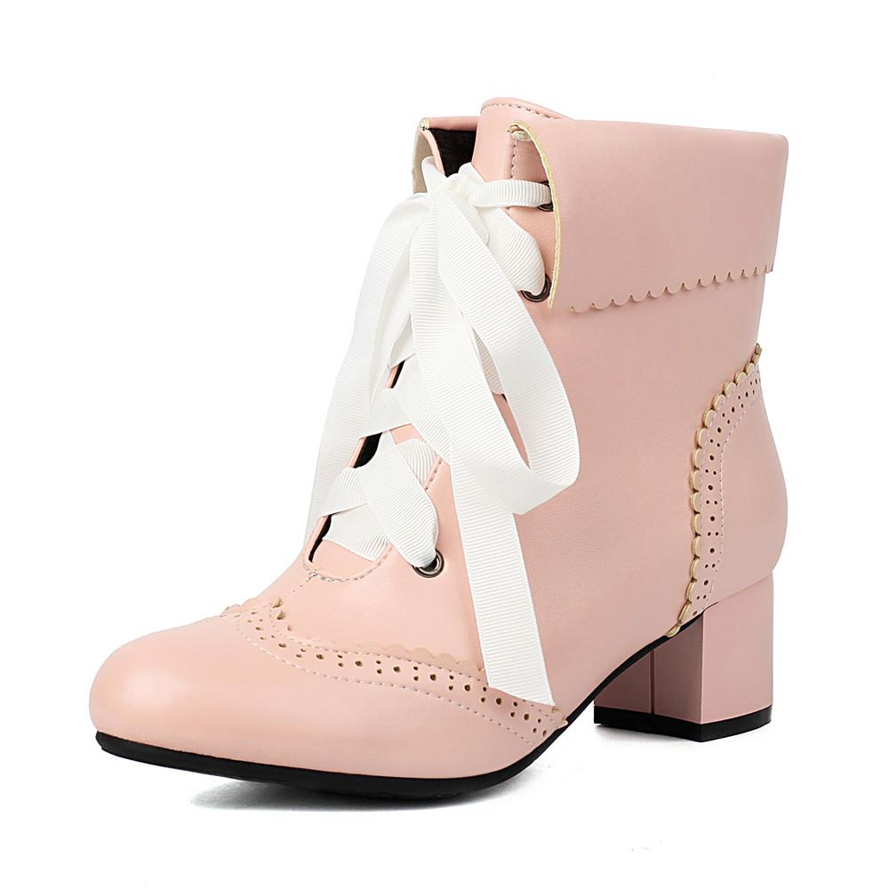 Fashion 2025New Lace Up Ladies Square High Heel Shoes Ankle Boots Lace-up Retro Women Pointed Toe Thick Soled Short Booties White Black