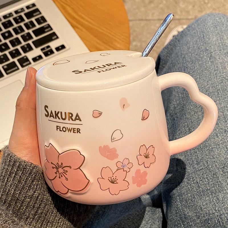 

Premium Breakfast Ceramic Cup with Lid and Spoon Cute Mug High looking Creative Couple Coffee Water Cup Strong 401-500ml