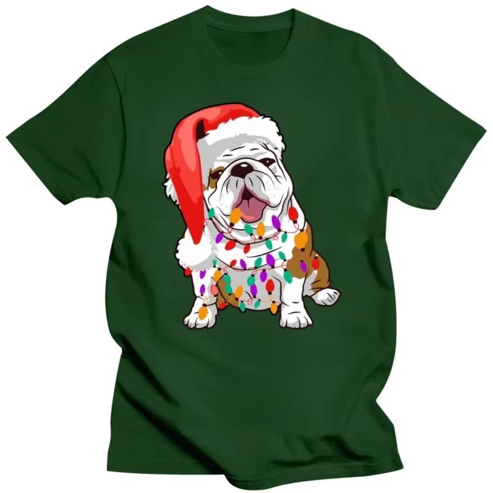 Cute Bulldog Christmas Lights Dog T Shirts Summer Graphic Cotton Streetwear Short Sleeve Birthday Gifts T-shirt Mens Clothing