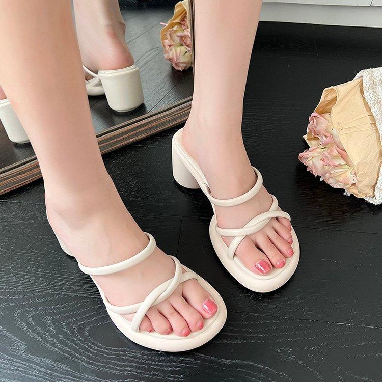 High-heeled Slippers Women's Outer Wear Summer New Korean Version Thick-heeled Fashion Women's Shoes Ins Trendy Simple One-word Slippers