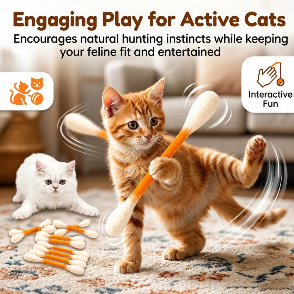 6pcs Wool Felt Cotton Swab Cat Teaser Toy Double End Bite Stick For Indoor Cats Interactive Chew Play Soft Touch Toy For Kittens