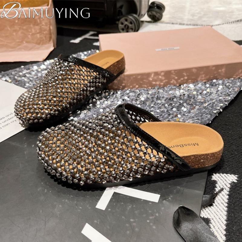 Crystal Mesh Flats Women Slippers Hollow Sandals Casual Mules Shoes Woman 2025 Summer Platform Flip Flops Slingback Mujer Slides
