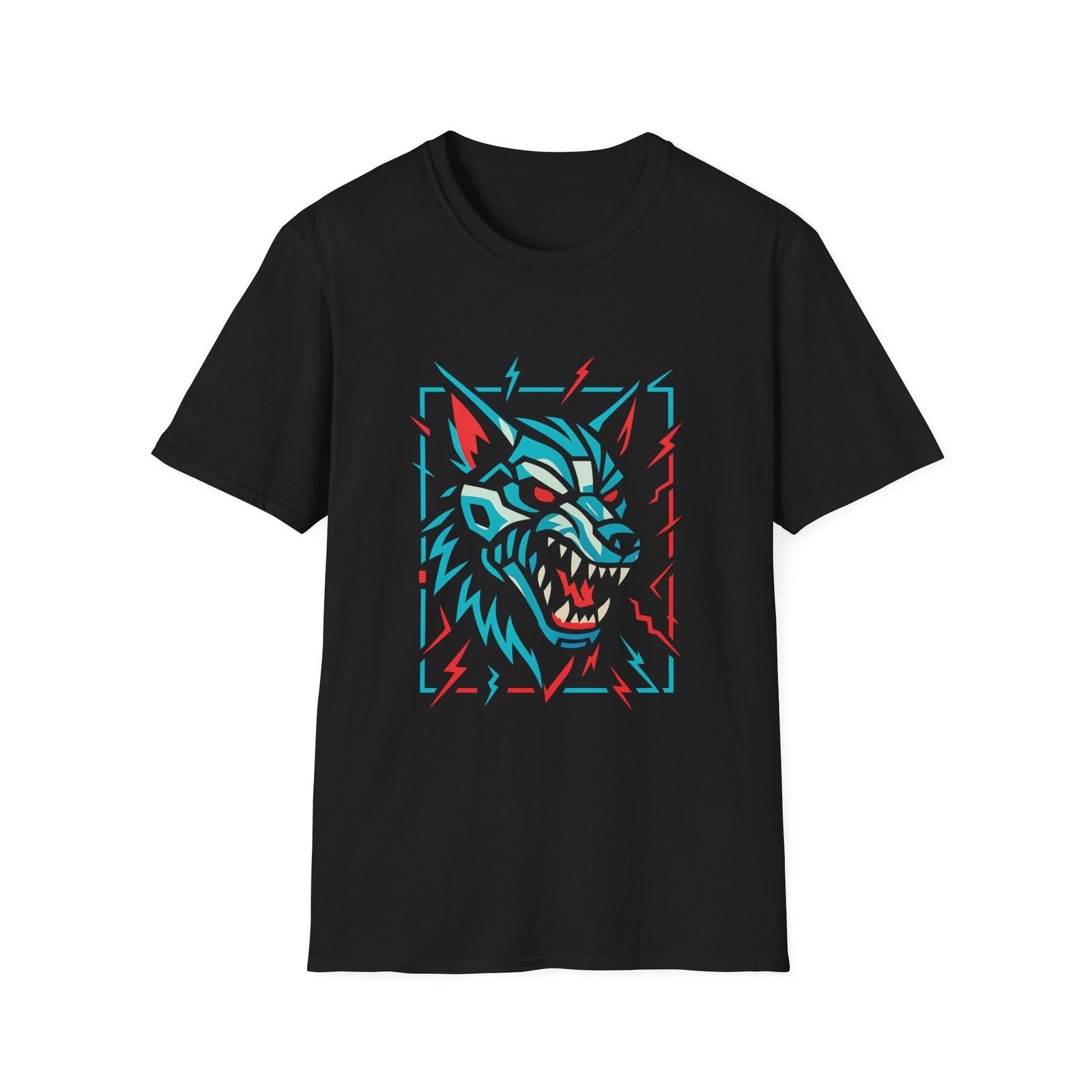 Unisex Softstyle T-Shirt Mens Womens Tees Top – Glitched Cyber Wolf, Red Eyes Predator Shirt, Street XL