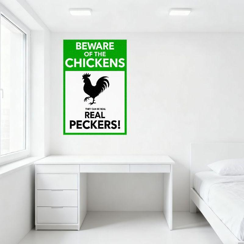 Beware of The Chickens Metal Tin Sign with Rooster Silhouette - They Can Be Real Real Peckers! Vintage Funny Warning Sign for Ho