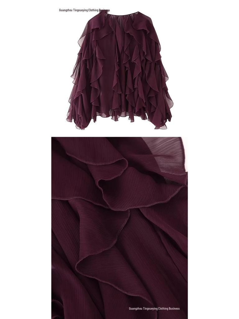 Summer 2026 European & American V-Neck Layered Ruffled Pleated Women's Shirt