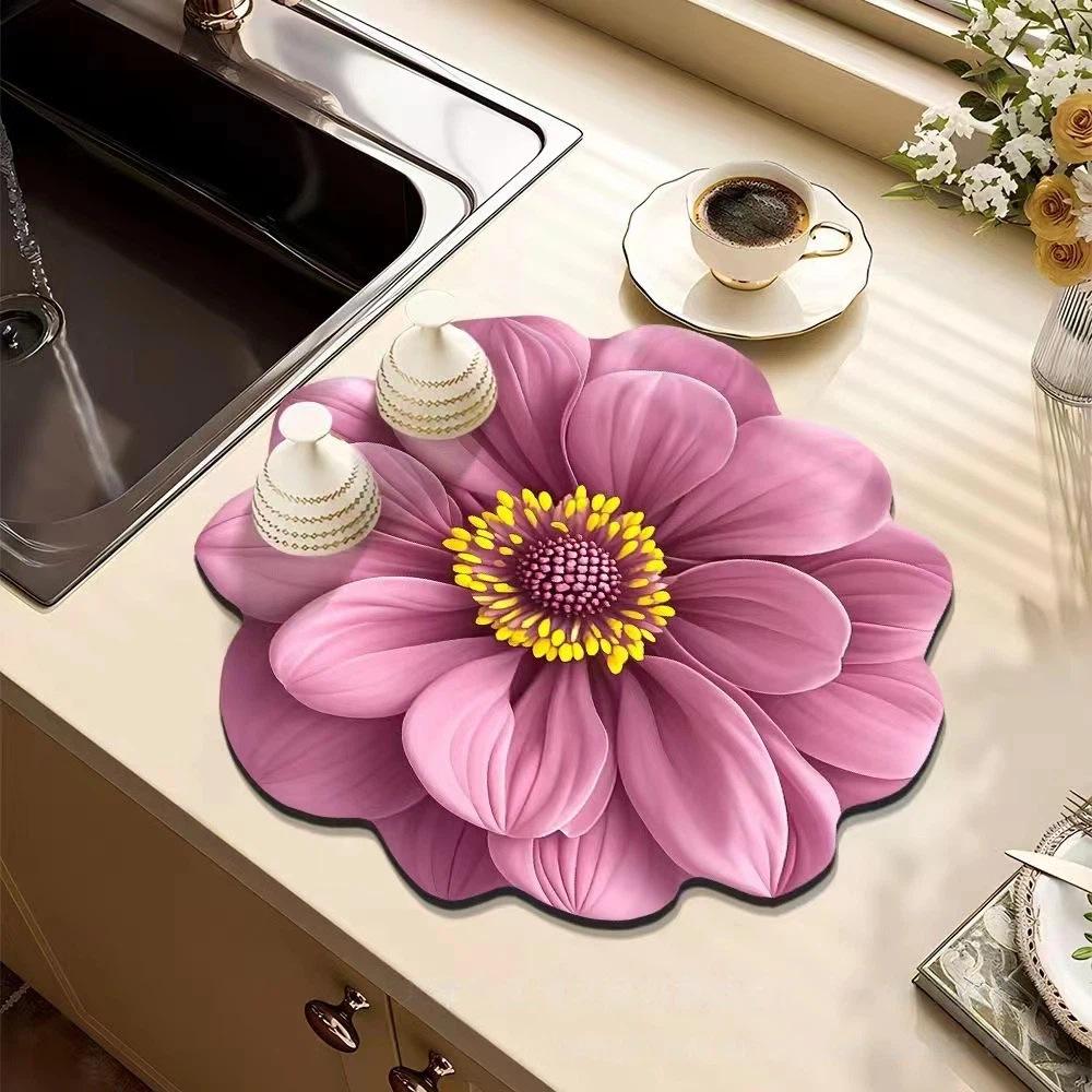 Szybkoschnąca mata do suszenia naczyń z ziemi okrzemkowej z realistycznym wzorem kwiatowym