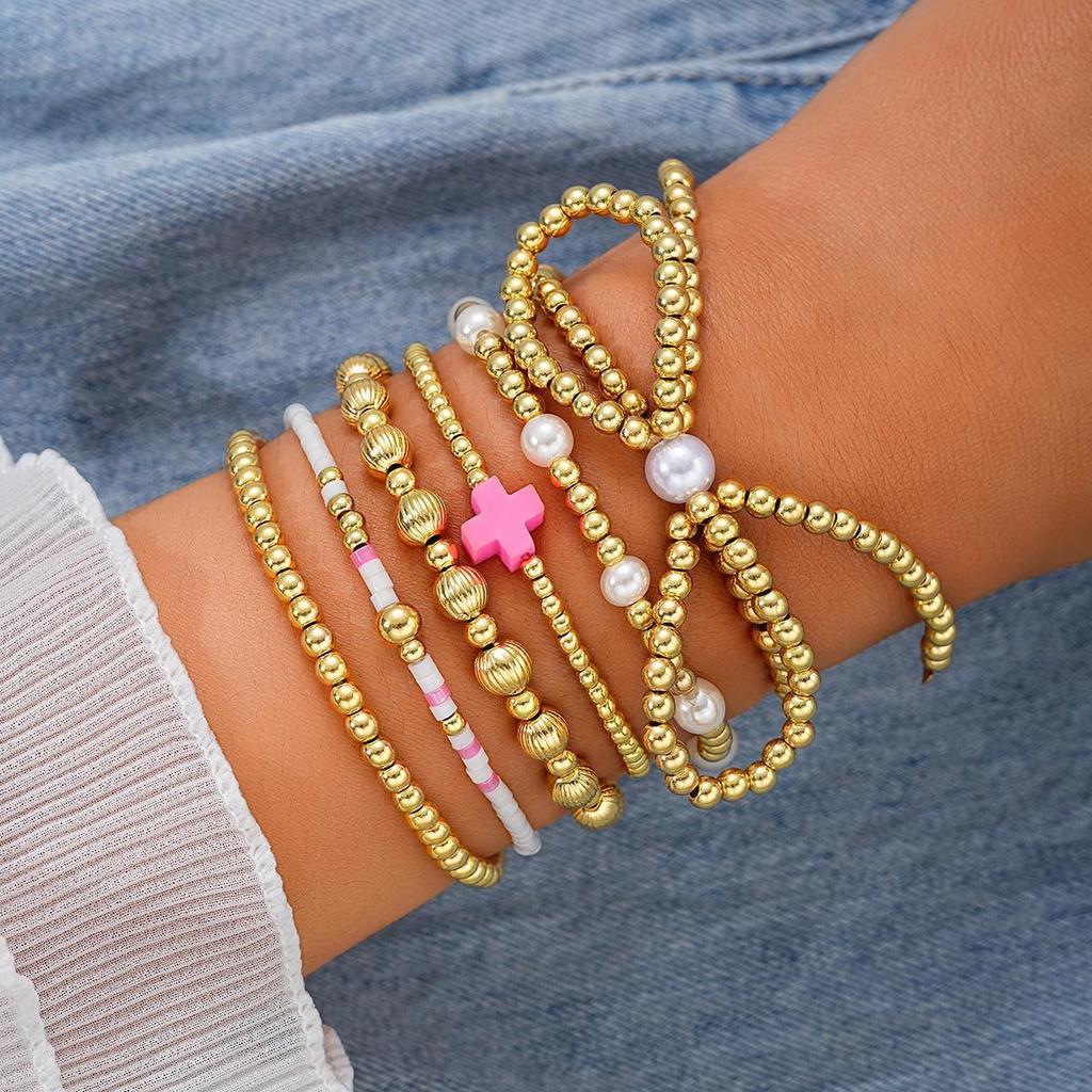 IF ME Fashion Bowknot Beaded Bracelets Set for Women Simple Elegant Gold Color Bracelets Set Summer Beach Party Ideal Jewelry