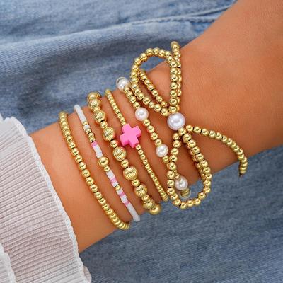 Fashion Bowknot Beaded Bracelets Set for Women Simple Elegant Gold Color Bracelets Set Summer Beach Party Ideal Jewelry