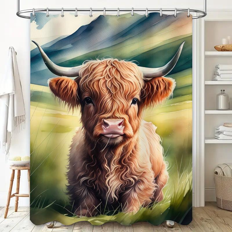 Farm Fresh Highland Cow Shower Curtain Soft Plush Waterproof Fabric with Hook Set for Bath Decor in Various Colors