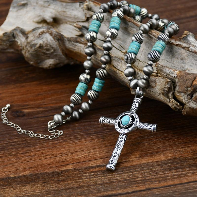 GemChic Women's New Vintage Turquoise Beads Alloy Cross Pendant Necklace Ethnic Chain Fashion Birthday Christmas Jewelry Gift