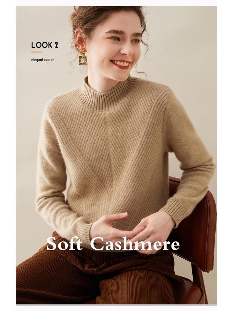Women's Pure Cashmere Semi-High Neck Solid Color Thick Pullover Sweater for Autumn and Winter
