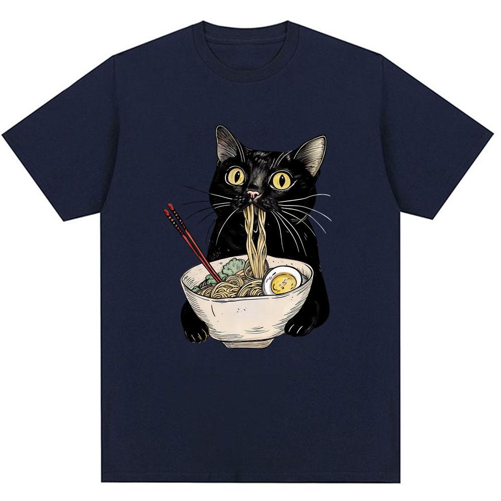 Funny Noodle Ramen Black Cat Graphic T-shirt Fashion Men's Women's Popular Short Sleeve Y2K Oversized Cotton T Shirts Streetwear