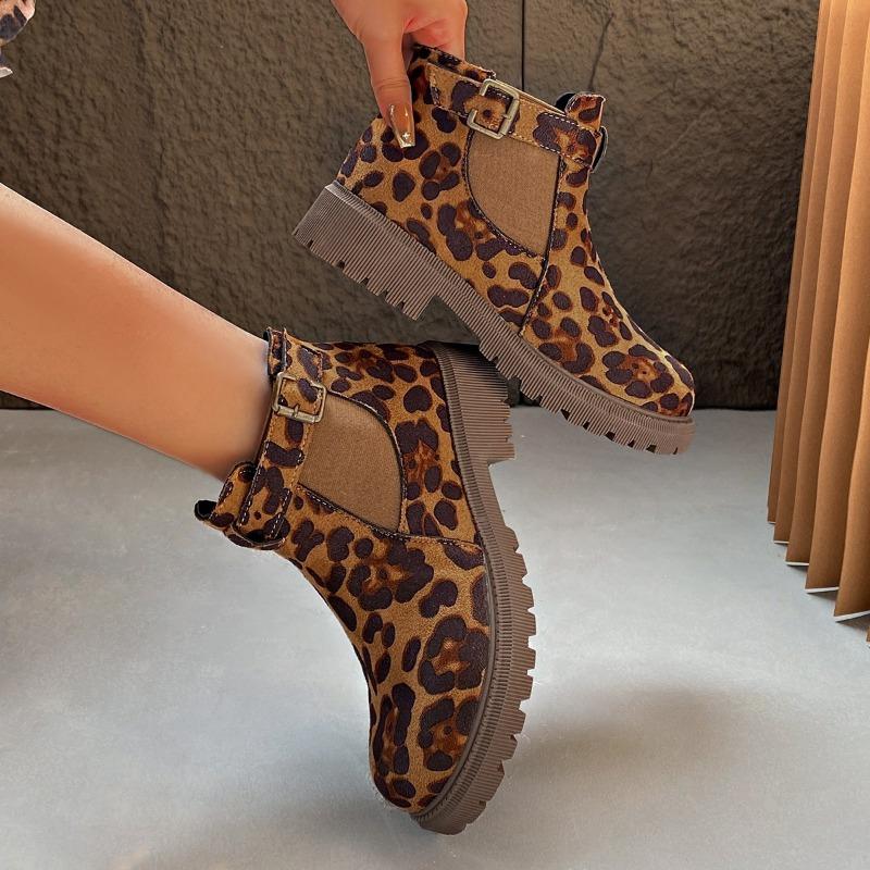 Large size fashion new leopard print short tube suede middle heel elastic mouth women's fashion Martin boots