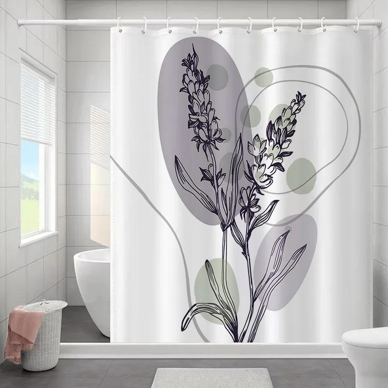 1PC Botanical Flower and Leaf Watercolor Pattern Waterproofing Bathroom Decoration Shower Curtain with Hooks Minimalist Design
