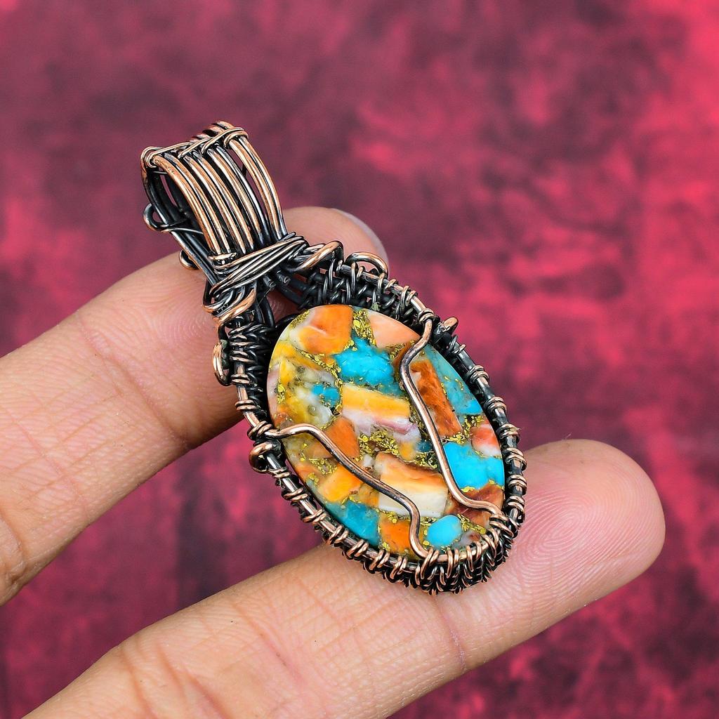 Spiny oyster copper turquoise pendant copper wire wrapped Jewelry natural gemstone pendant copper jewelry gifts for mother handmade jewelry
