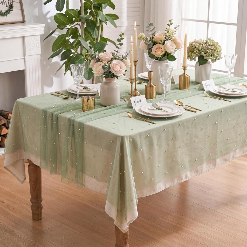 Light Green Table Runner Fabric Tulle Lace Tablecloth Rectangular Table Cover Bridal Veil for Christmas Wedding Birthday Party